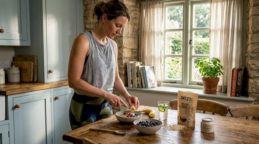 Woman preparing post-workout snack in kitchen