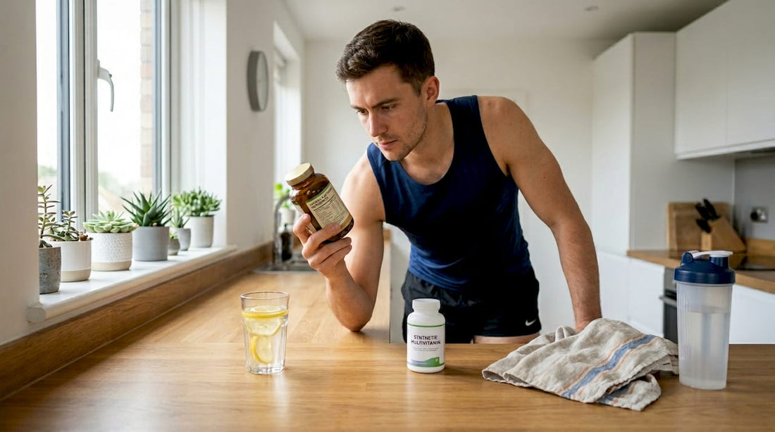 Athlete comparing supplement bottles in kitchen
