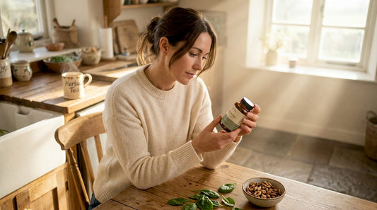 Woman examining supplement label at kitchen table