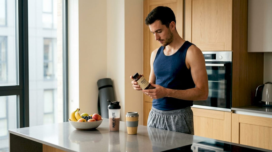 Athlete reading supplement label in kitchen