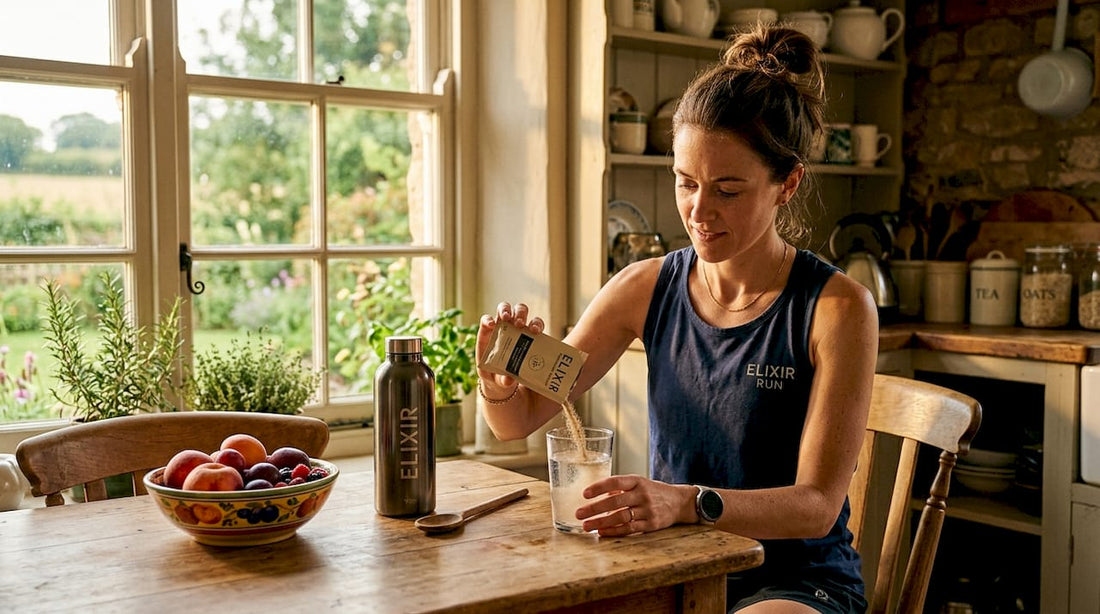 Athlete mixing supplements in bright morning kitchen