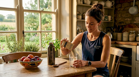 Athlete mixing supplements in bright morning kitchen