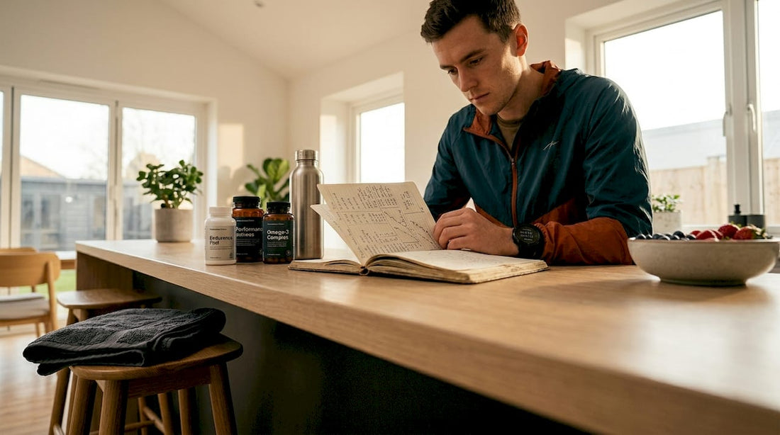 Athlete examining supplements and training log at kitchen table