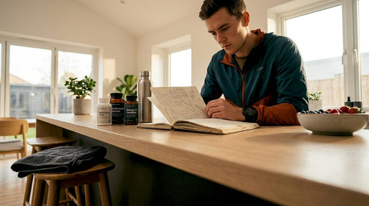 Athlete examining supplements and training log at kitchen table
