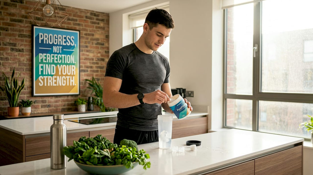 Man preparing pre-workout supplement kitchen