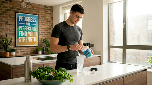 Man preparing pre-workout supplement kitchen
