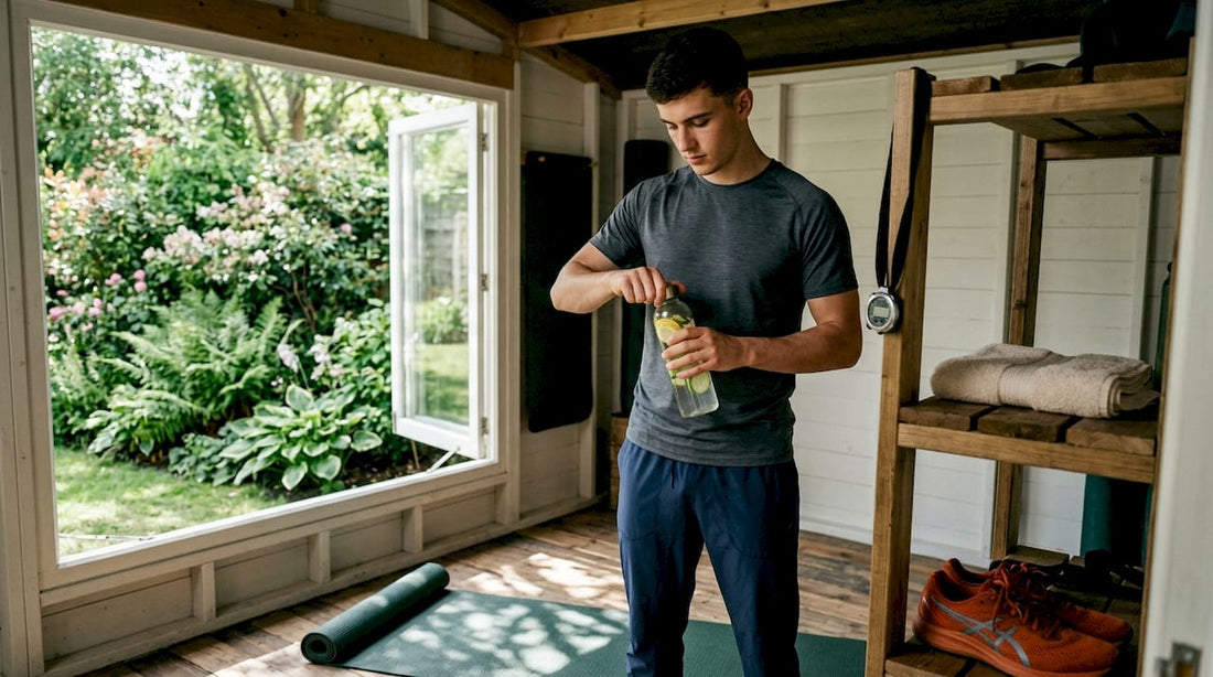 Athlete drinking water before workout in home gym