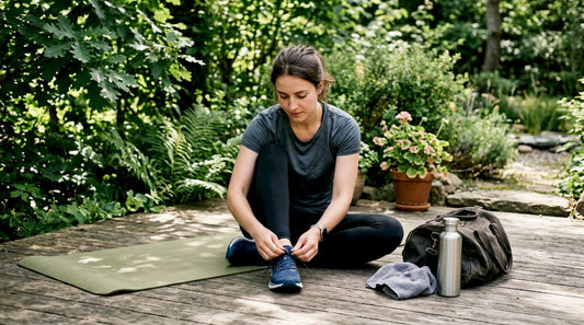 Woman tying shoes in home gym morning light