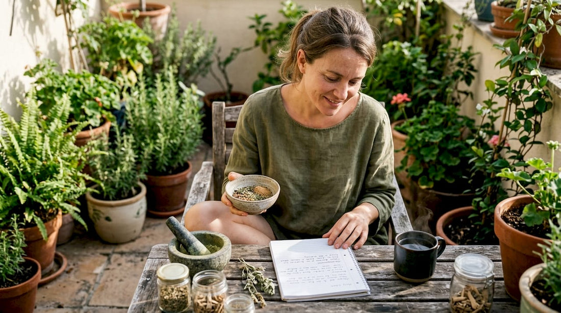 Herbalist examining adaptogen supplement jar