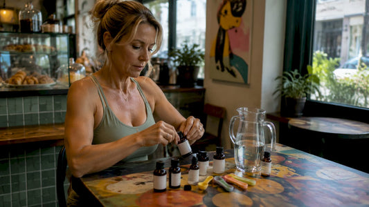 Woman arranging daily supplements at kitchen table