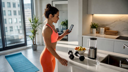 Woman checking workout schedule on smartphone at home
