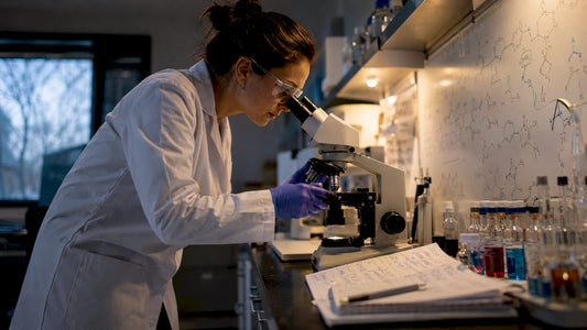 Cell biologist examining samples under microscope