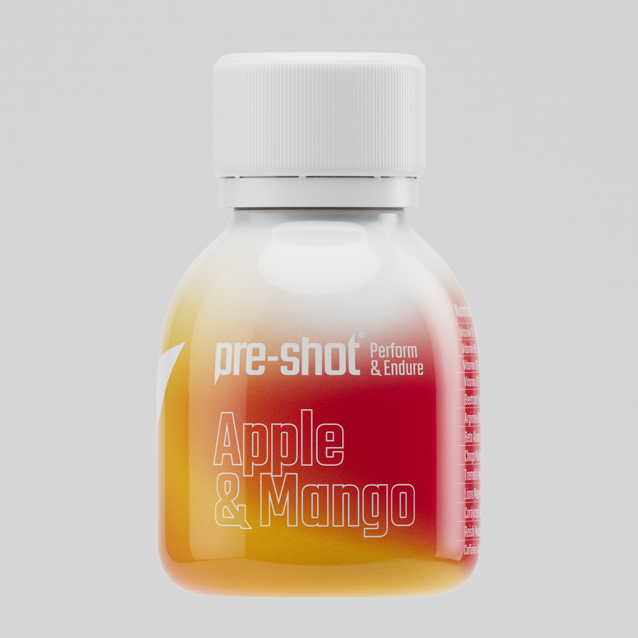 Pre-shot supplement bottle with gradient label from red to yellow on a white background