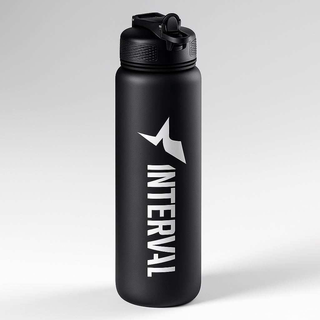 Black water bottle with 'Interval' logo on a light gray background