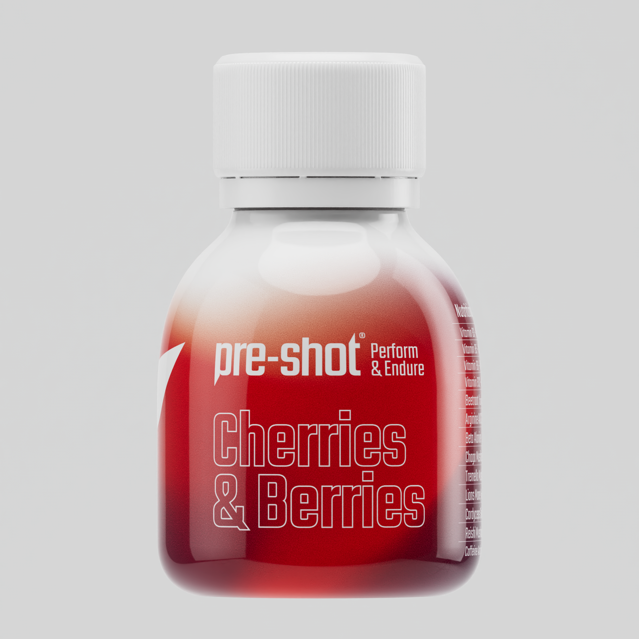Red pre-shot supplement bottle with white cap on a white background