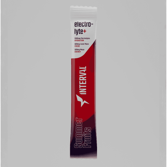 Interval Electrolyte+ Summer Fruits package on a gray background