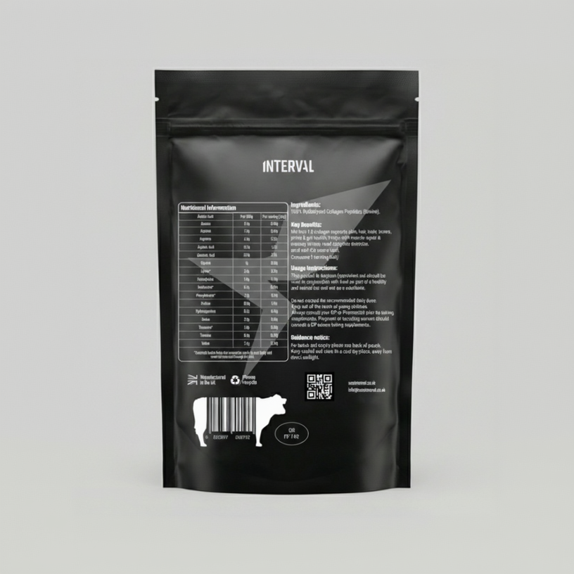 Interval bovine collagen supplement packaging detail on a dark background