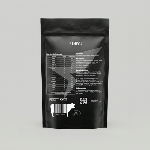 Interval bovine collagen supplement packaging detail on a dark background