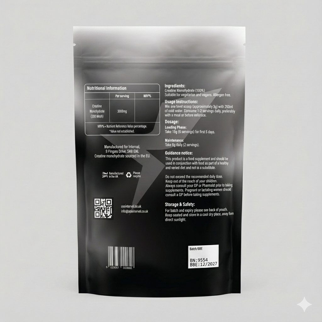 Interval creatine monohydrate supplement packaging on a dark background