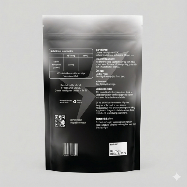 Interval creatine monohydrate supplement packaging on a dark background
