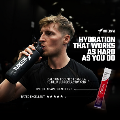 Man drinking from an Interval brand hydration bottle with product details on a dark background