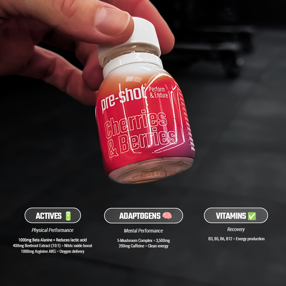 Interval Pre-Shot pre-workout shot bottle on a gym background