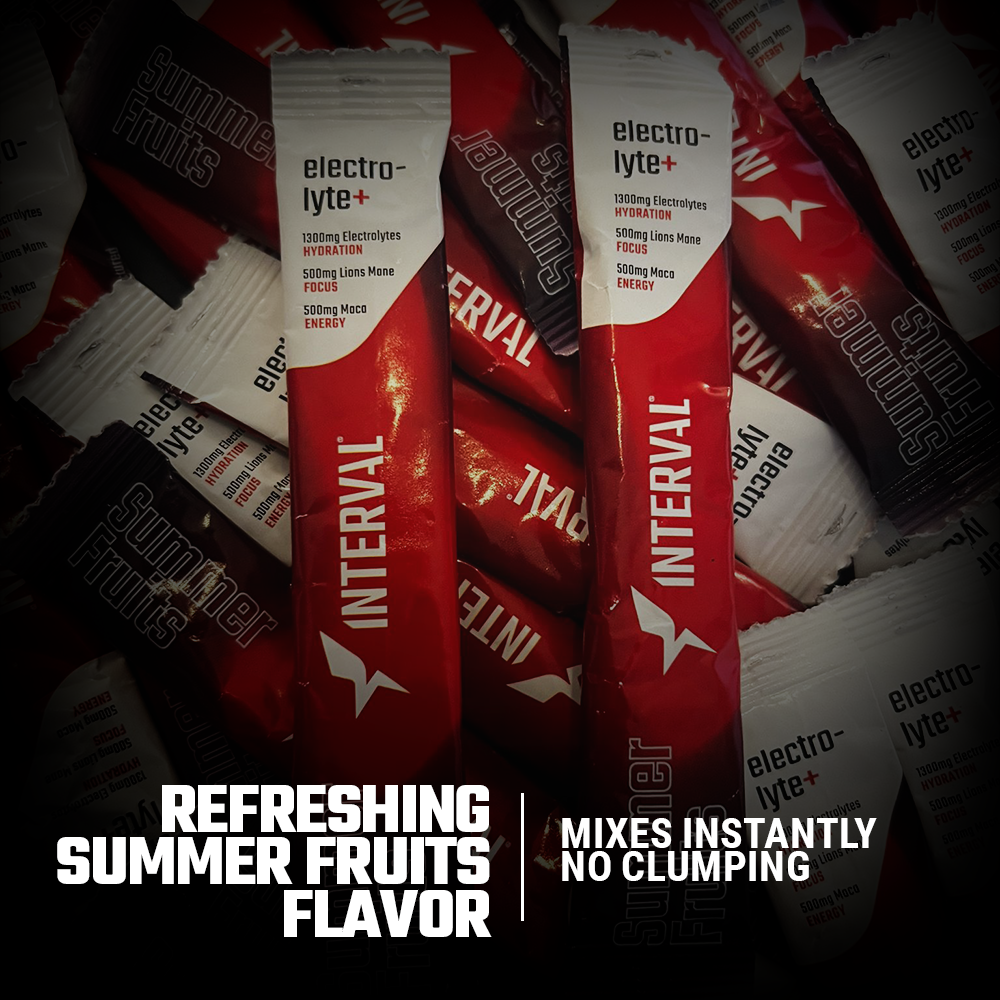 Interval electrolyte powder packets with 'Refreshing Summer Fruits Flavor' text.