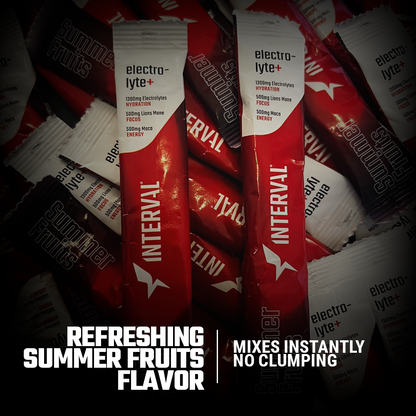 Interval electrolyte powder packets with 'Refreshing Summer Fruits Flavor' text.