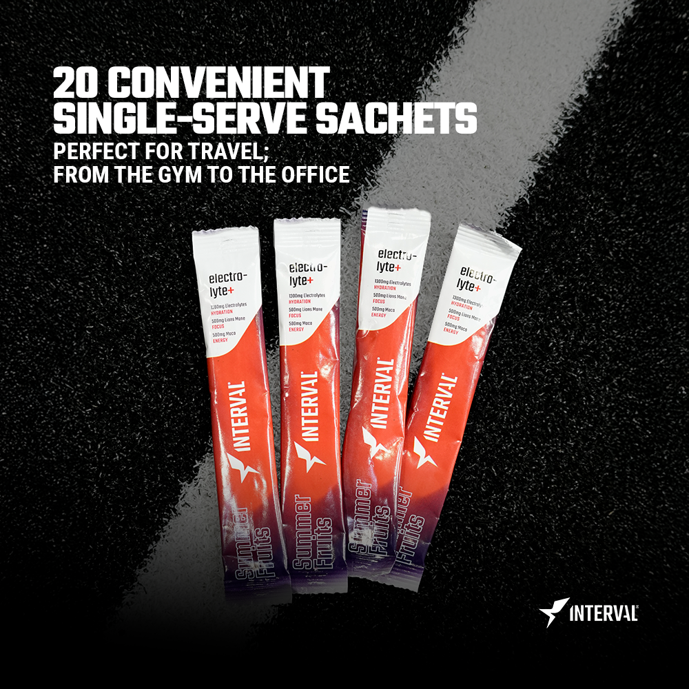 Interval single-serve sachets on a black background with promotional text.