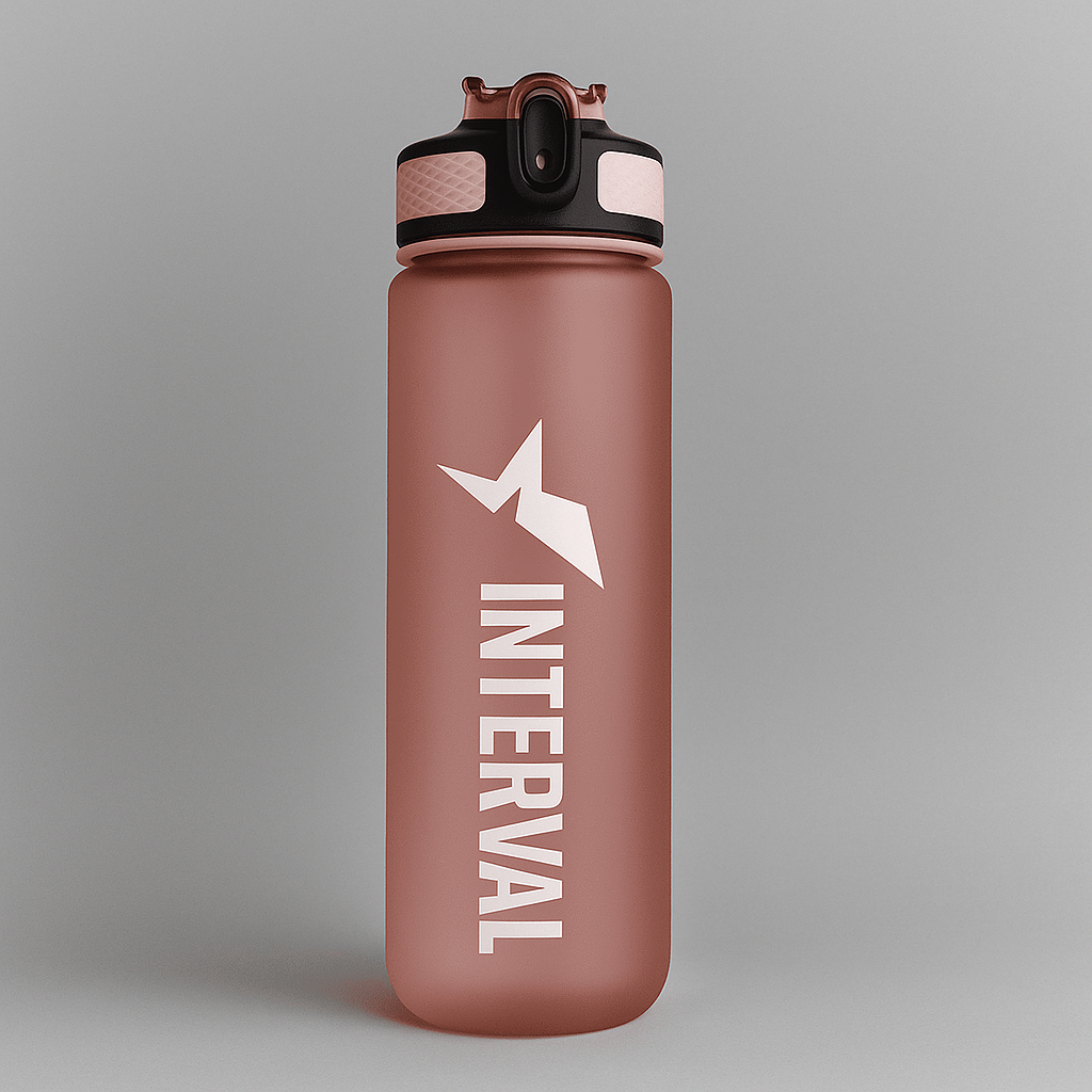 Pink water bottle with 'Interval' branding on a gray background