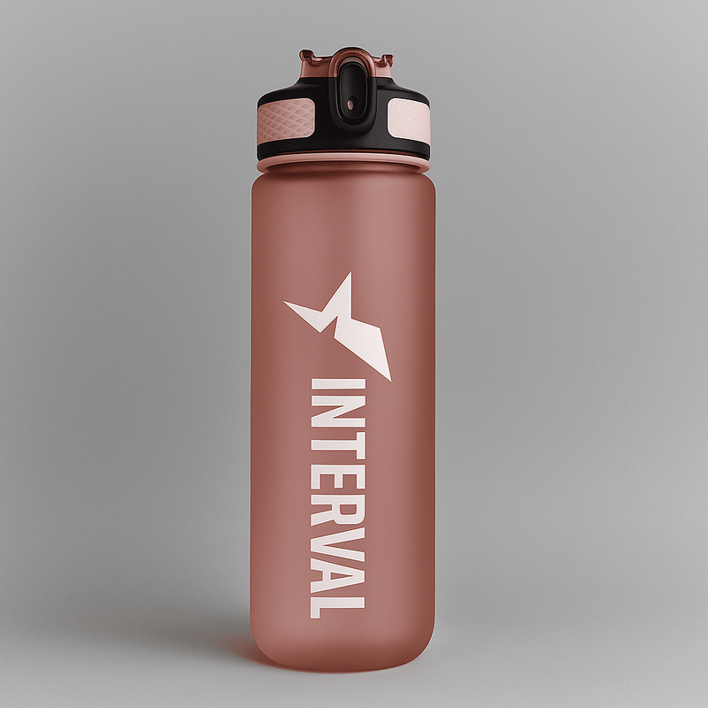 Pink water bottle with 'Interval' branding on a gray background