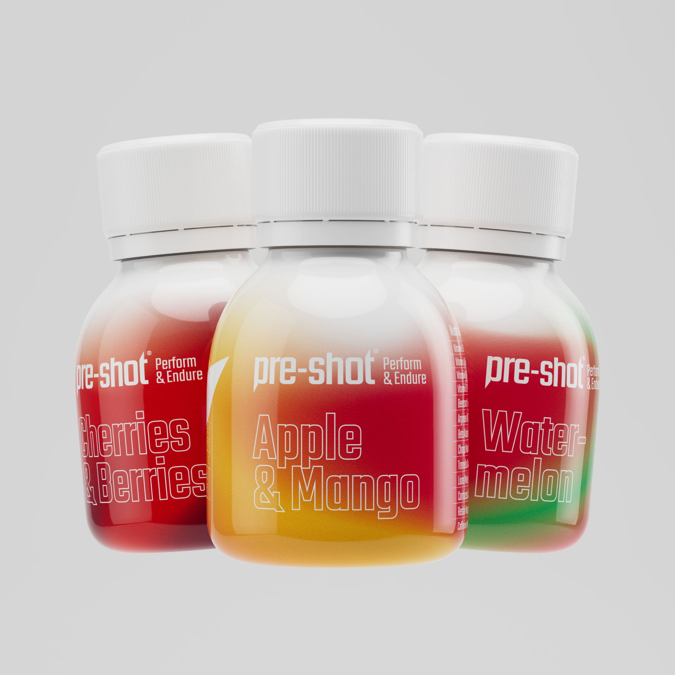 Three 'pre-shot' energy drink bottles with different flavors on a gray background