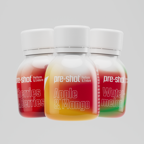 Three 'pre-shot' energy drink bottles with different flavors on a gray background