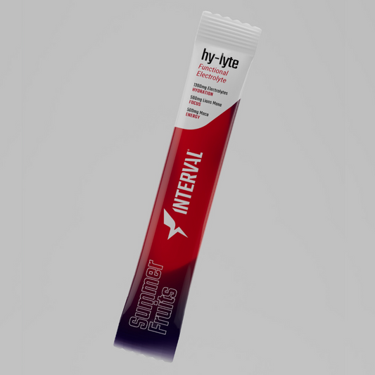 Interval hy-lyte functional electrolyte stick pack on a gray background