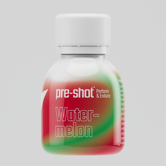 Pre-shot watermelon-flavored supplement bottle on a light gray background