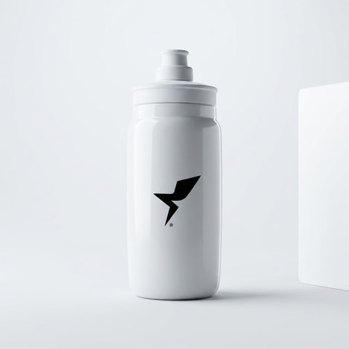A white plastic water bottle with a black stylized logo on the front, shown on a clean light gray studio background.