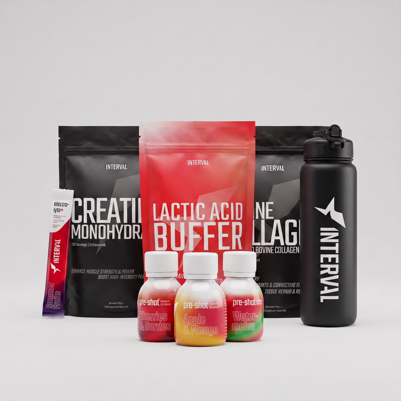 Interval Bundle - Creatine, Collagen, Lactic Acid Buffer, Pre-Shot trio, Electrolyte+ stick and 1L bottle