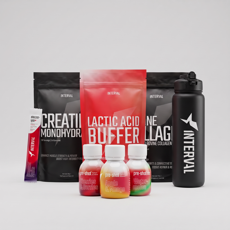 Interval Bundle: Lactic Acid Buffer, creatine, collagen, Pre-Shots, Electrolyte+ and a 1L gym bottle